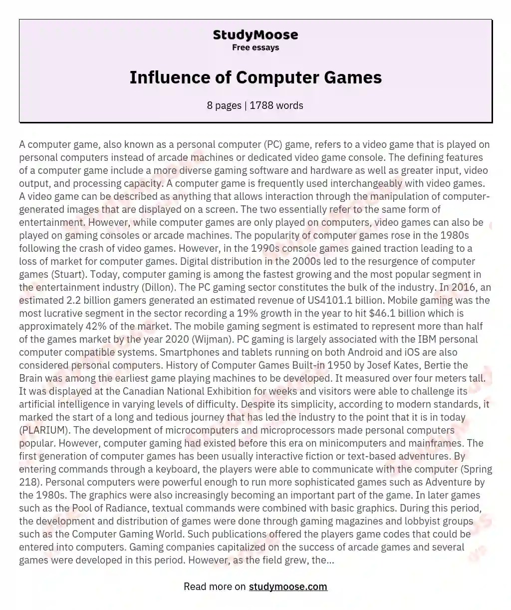 Influence of Computer Games Free Essay Example