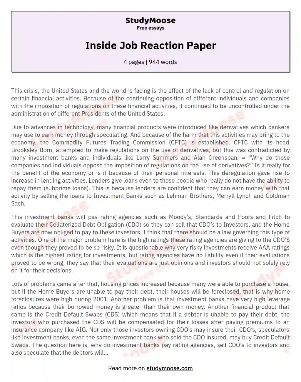 Inside Job Reaction Paper Free Essay Example