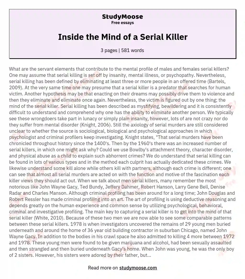 Inside the Mind of a Serial Killer Free Essay Example