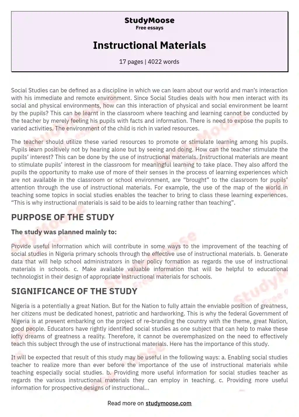 Instructional Materials Free Essay Example