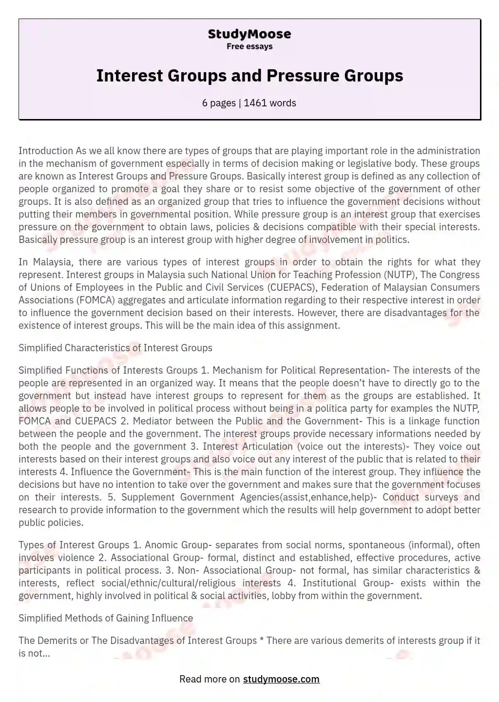 Interest Groups and Pressure Groups Free Essay Example