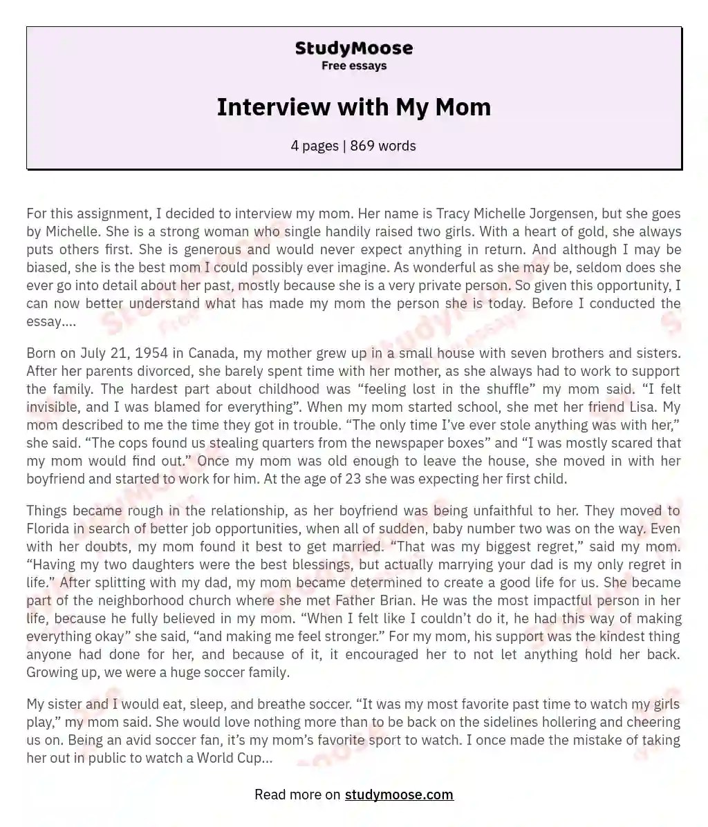 Interview with My Mom Free Essay Example
