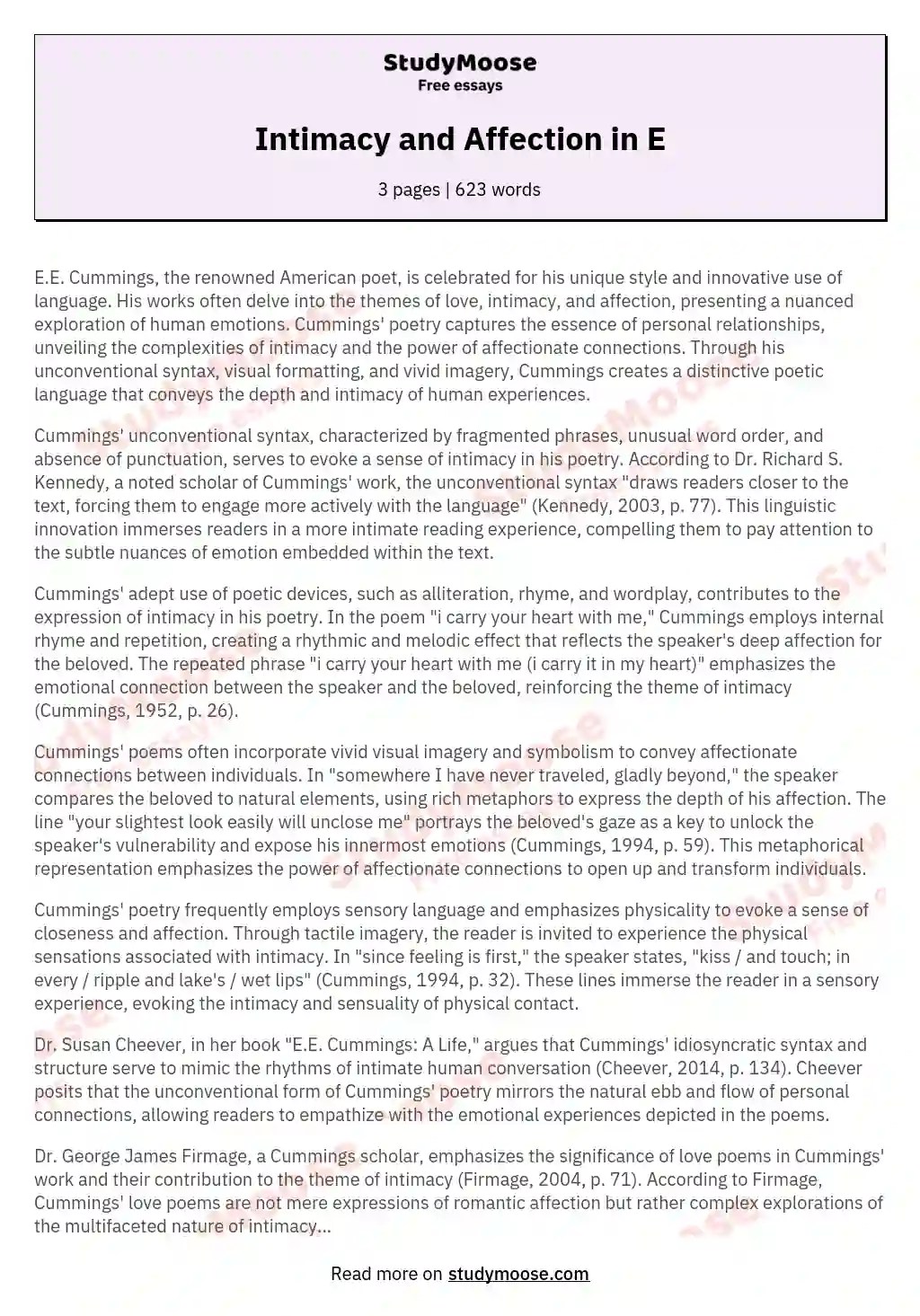 Intimacy and Affection in E Free Essay Example