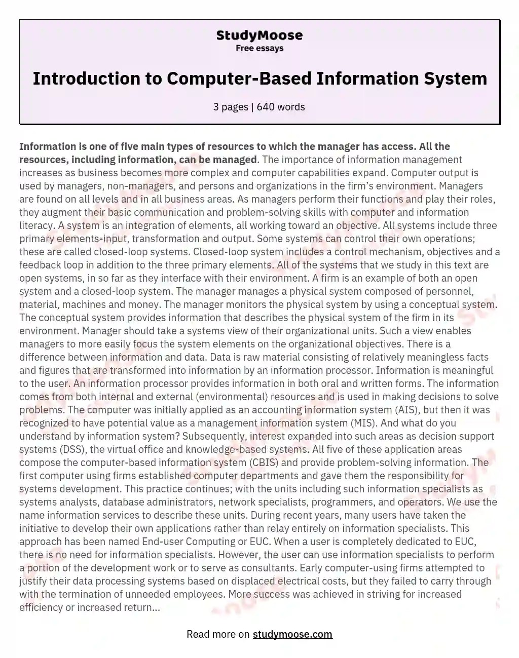 Introduction to ComputerBased Information System Free Essay Example