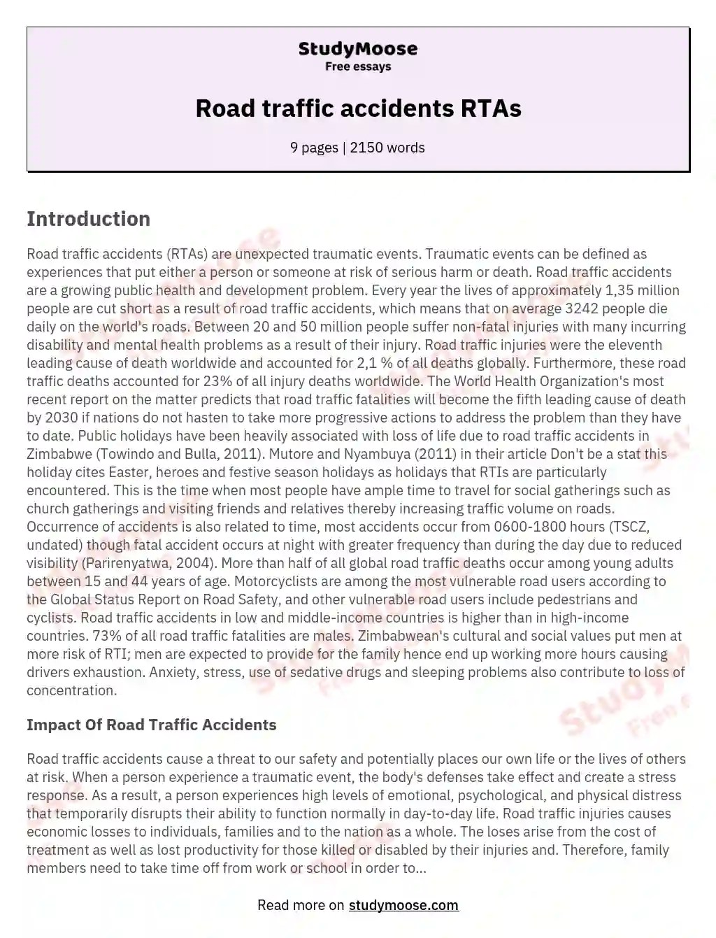 Road traffic accidents RTAs Free Essay Example