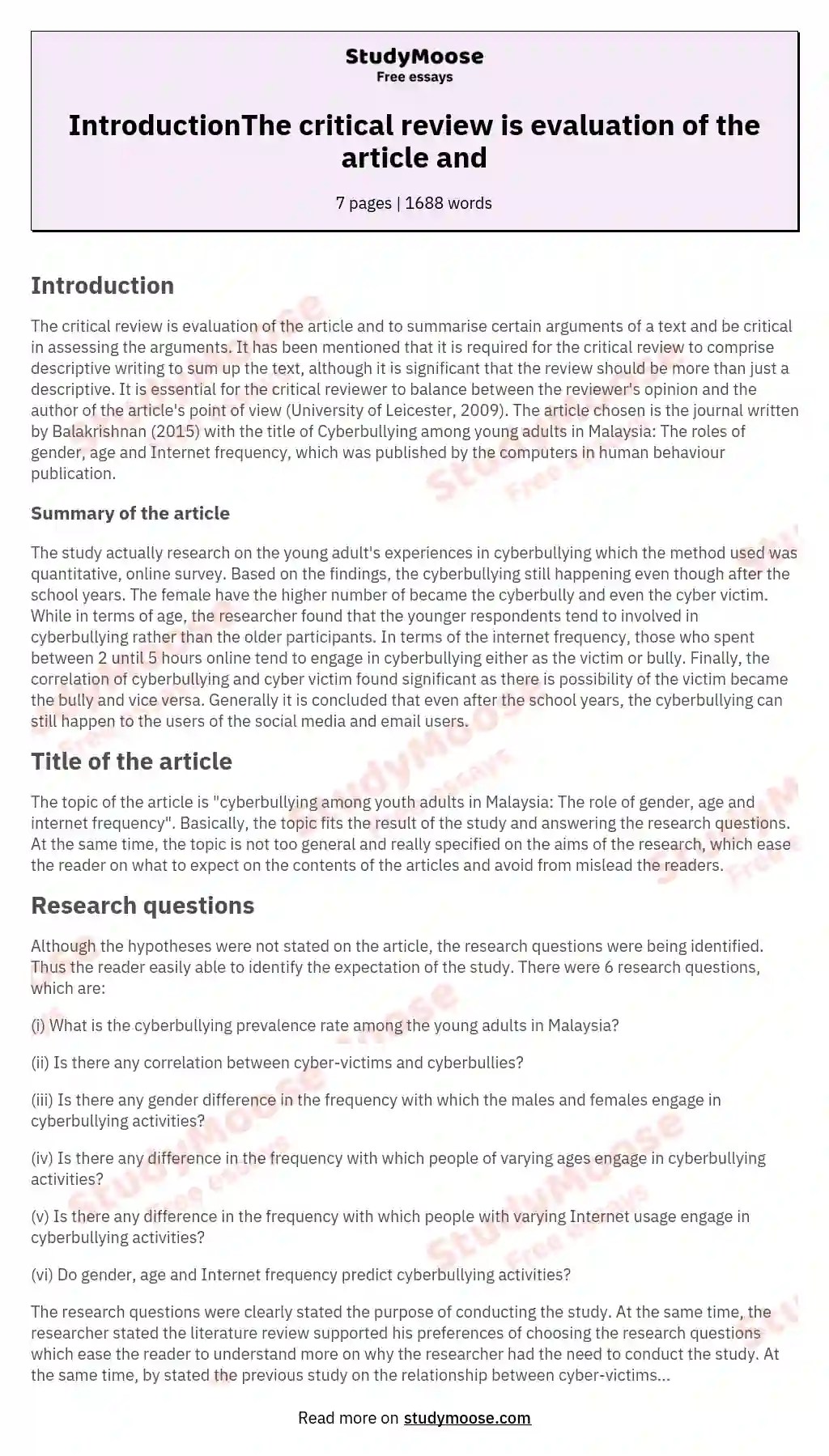 IntroductionThe critical review is evaluation of the article and Free