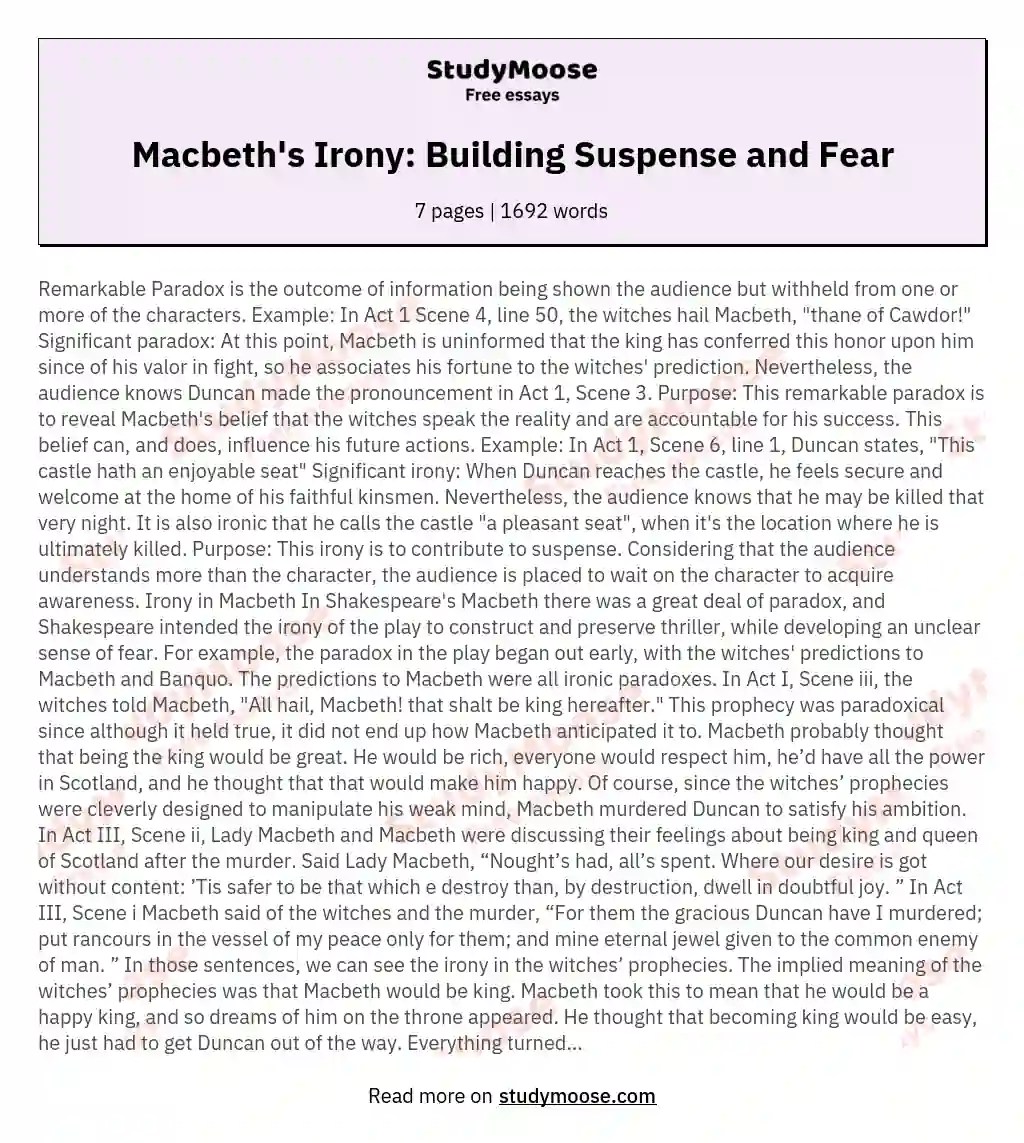 Macbeth's Irony Building Suspense and Fear Free Essay Example