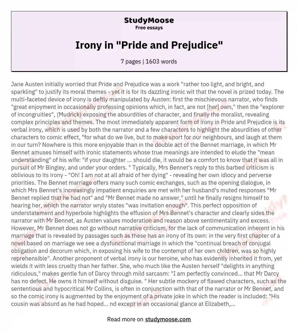 Irony in "Pride and Prejudice" Free Essay Example