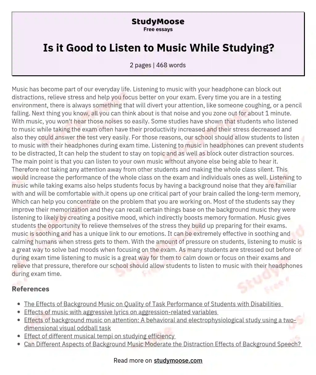 Is it Good to Listen to Music While Studying? Free Essay Example