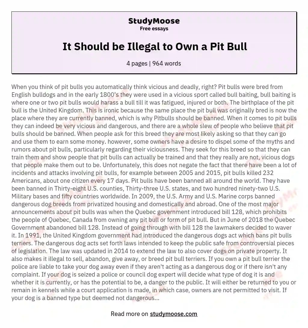 It Should be Illegal to Own a Pit Bull Free Essay Example