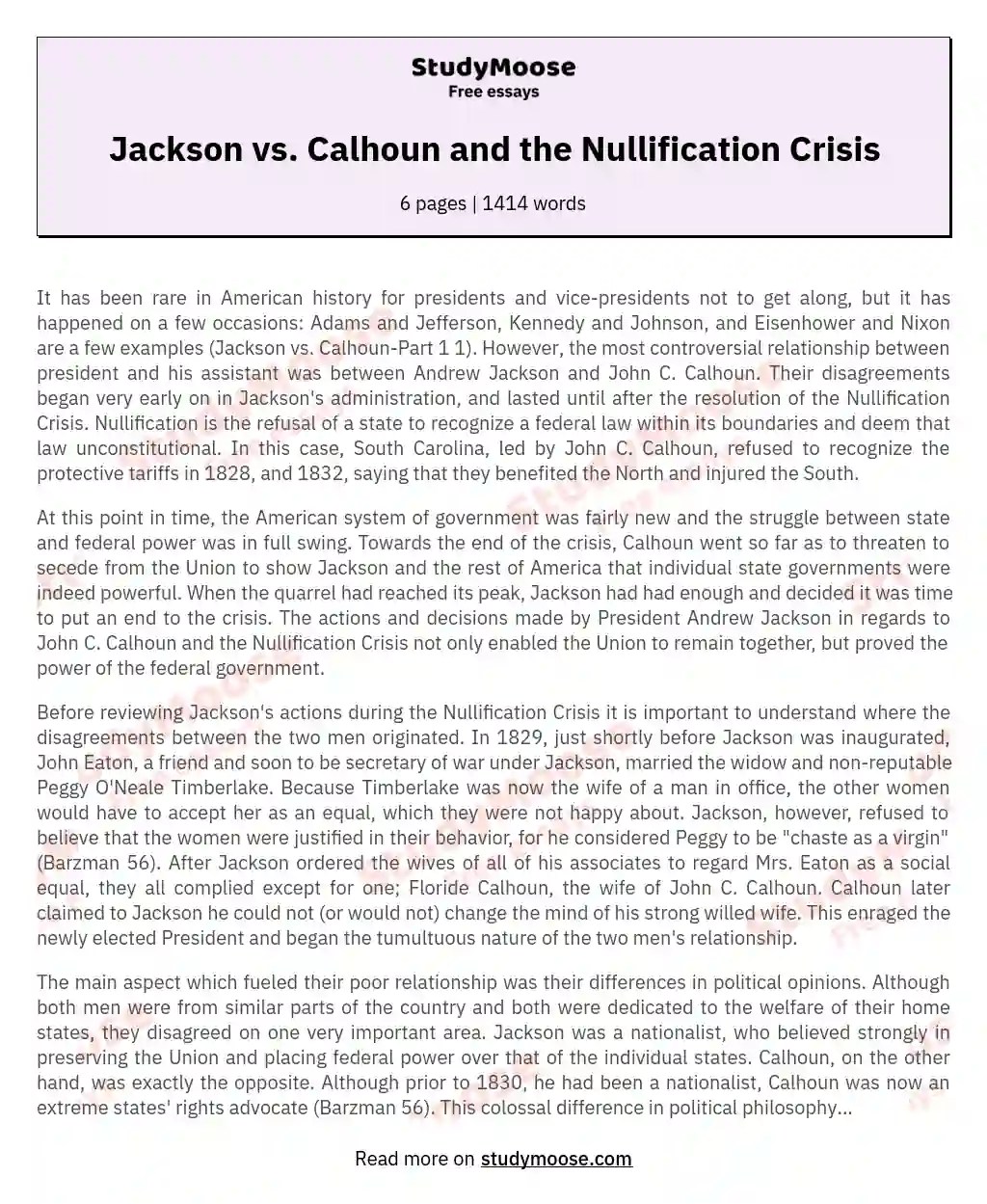 Jackson vs. Calhoun and the Nullification Crisis Free comparison
