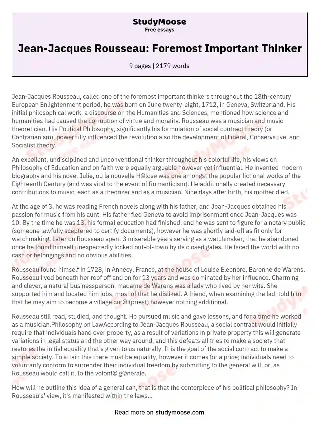 JeanJacques Rousseau Foremost Important Thinker Free Essay Example