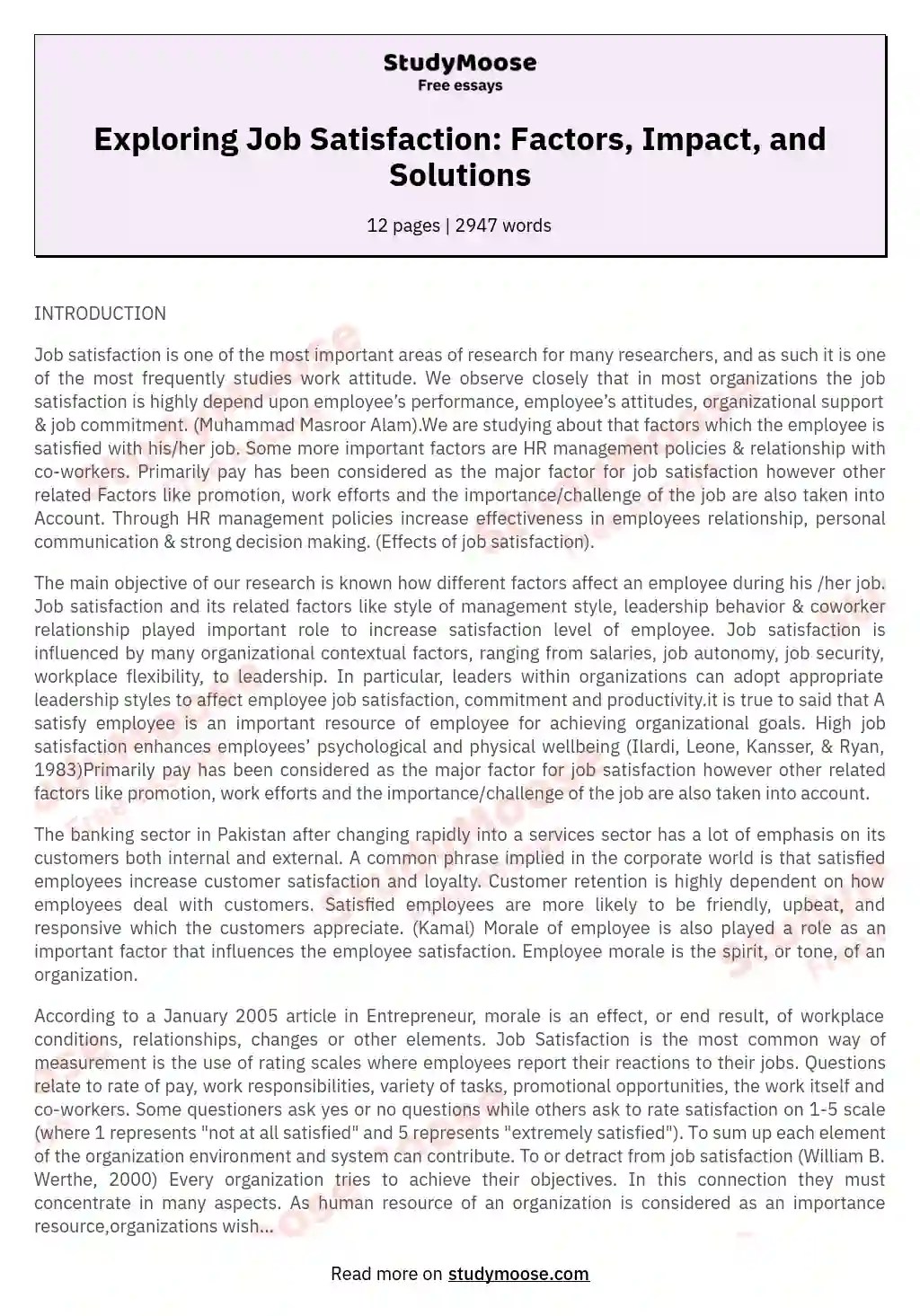 Exploring Job Satisfaction Factors, Impact, and Solutions Free Essay