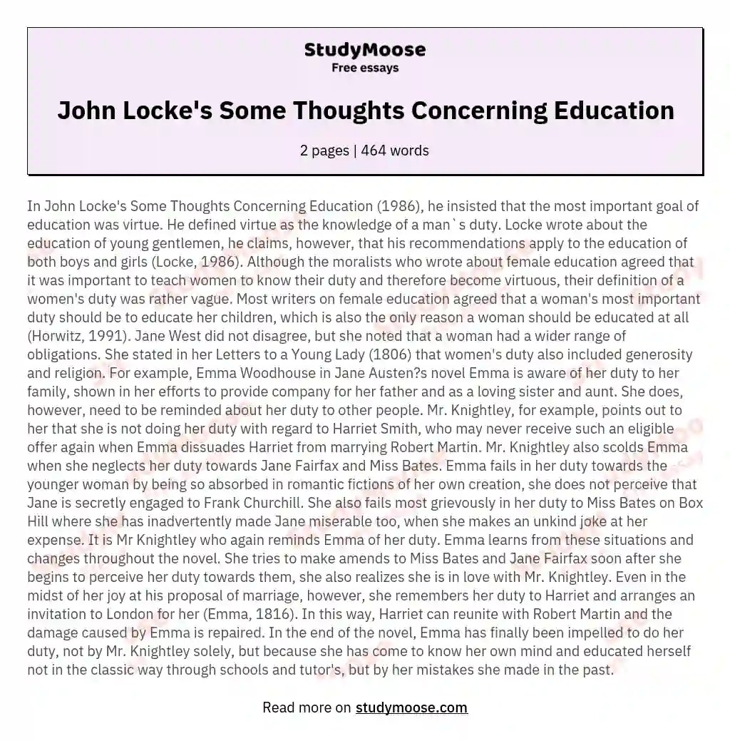 John Locke's Some Thoughts Concerning Education Free Essay Example