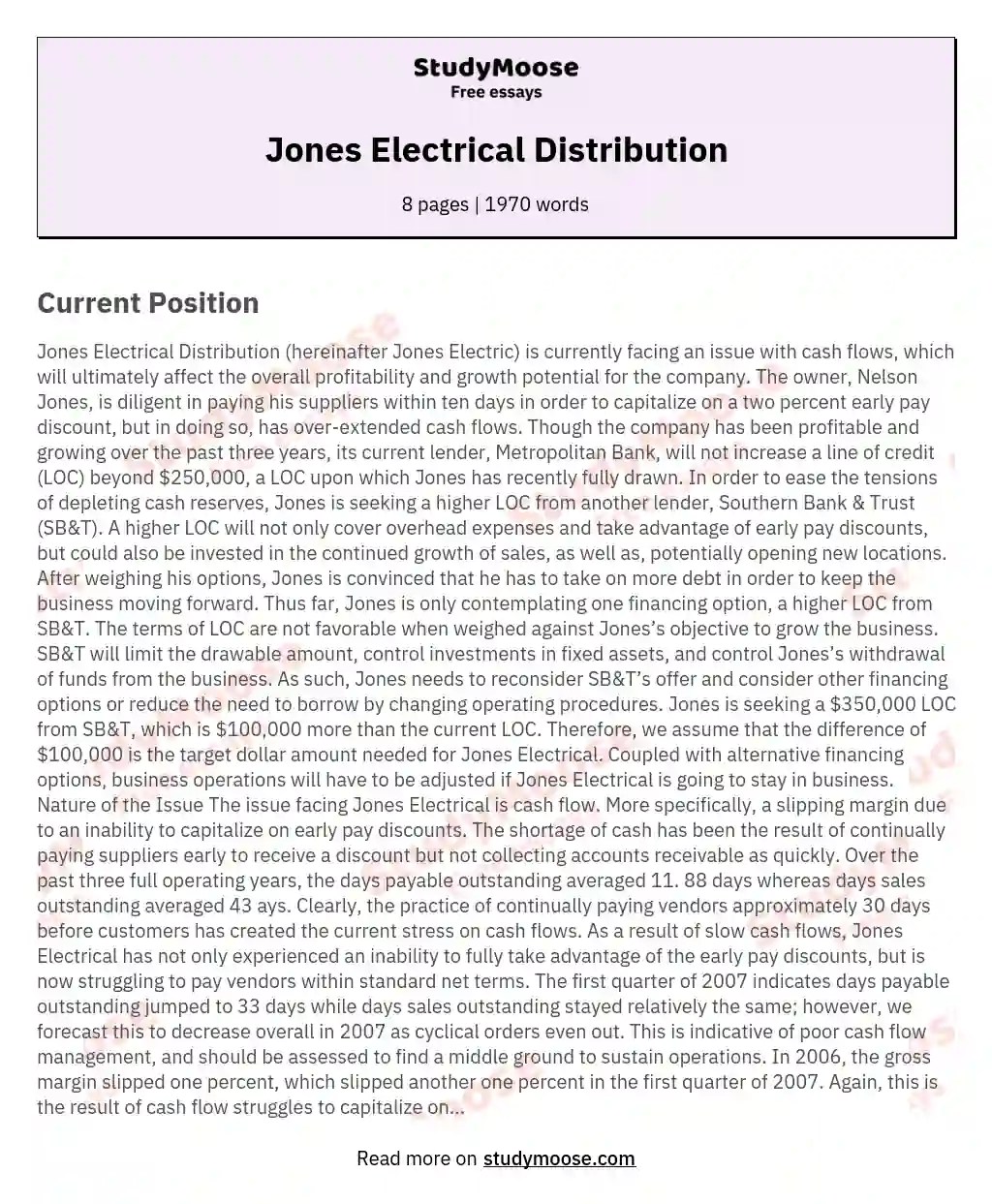 Jones Electrical Distribution Free Essay Example