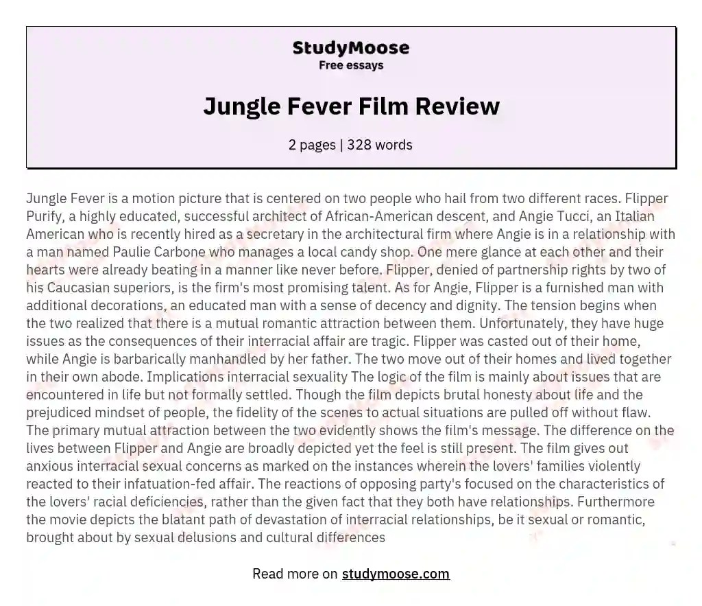 Jungle Fever Film Review Free Essay Example