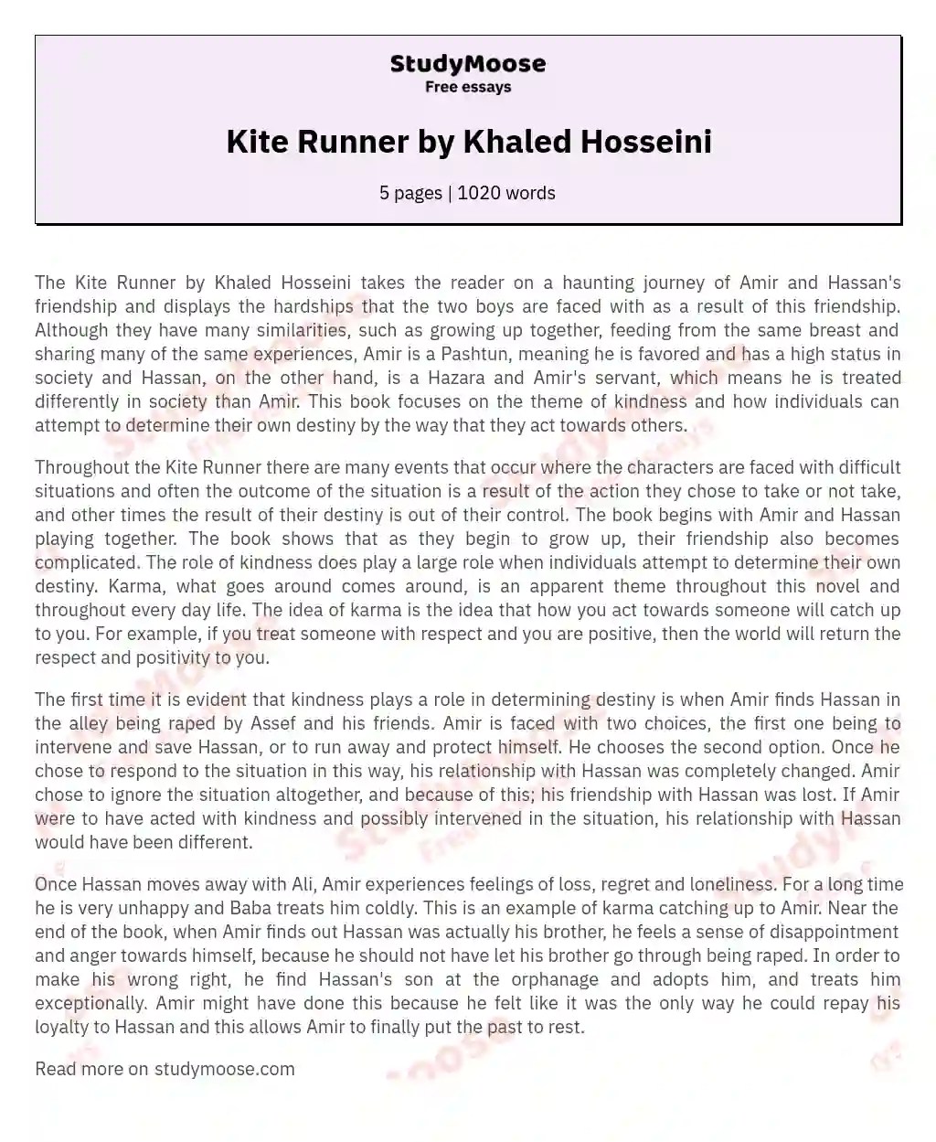 Kite Runner by Khaled Hosseini Free Essay Example