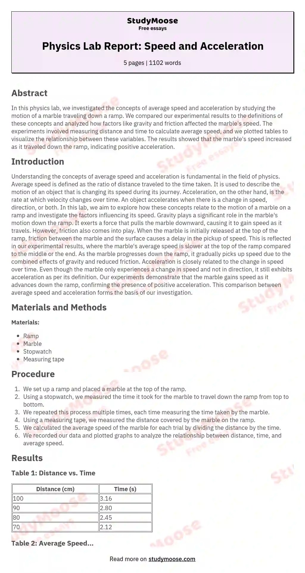 Physics Lab Report Speed and Acceleration Free Essay Example