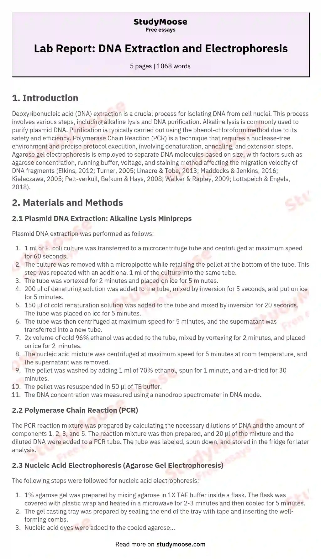 Lab Report DNA Extraction and Electrophoresis StudyMoose