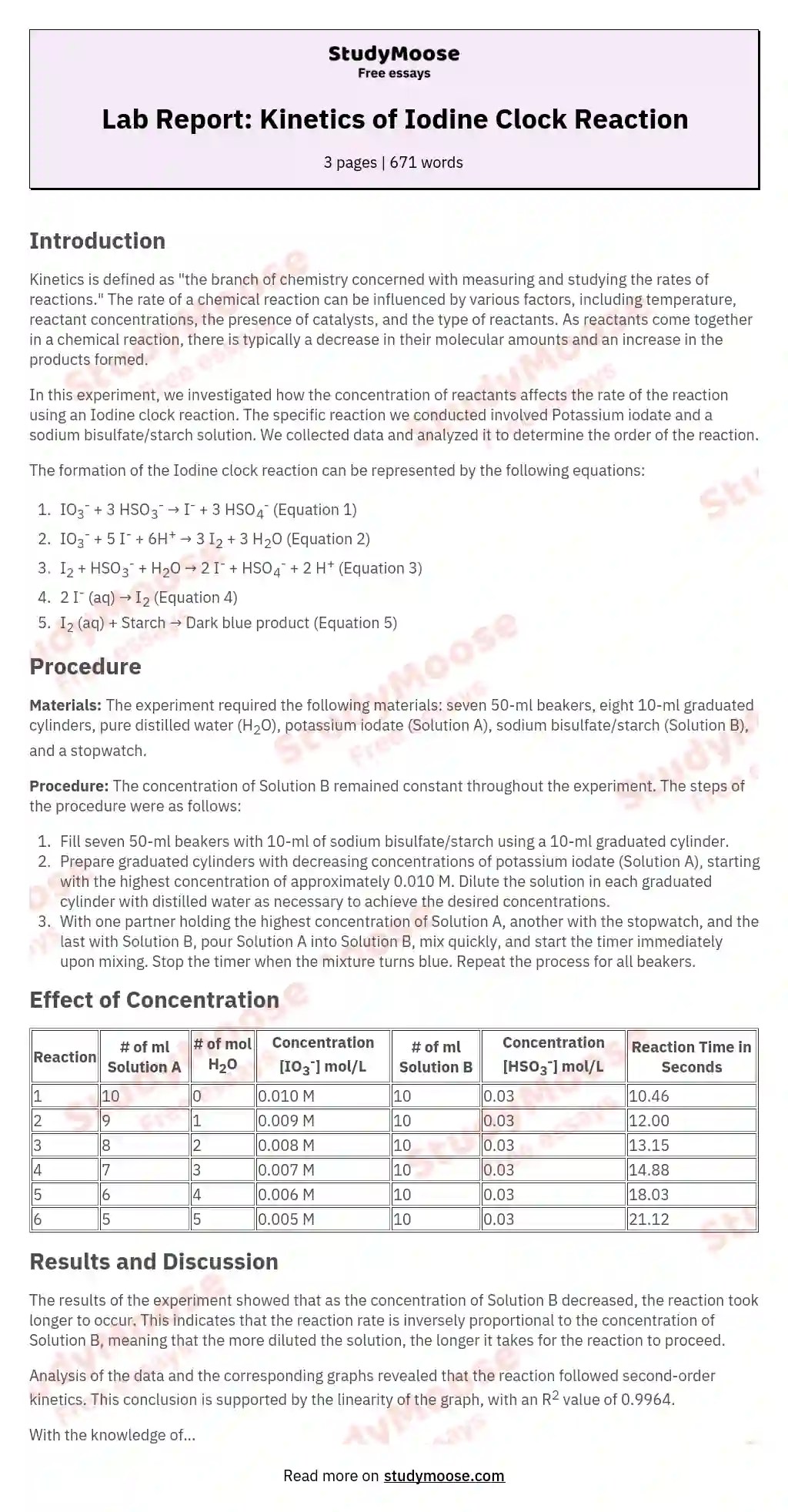 Lab Report of Iodine Clock Reaction StudyMoose
