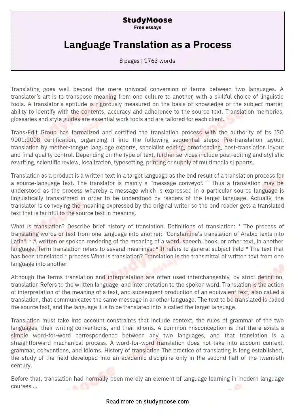 Language Translation as a Process Free Essay Example