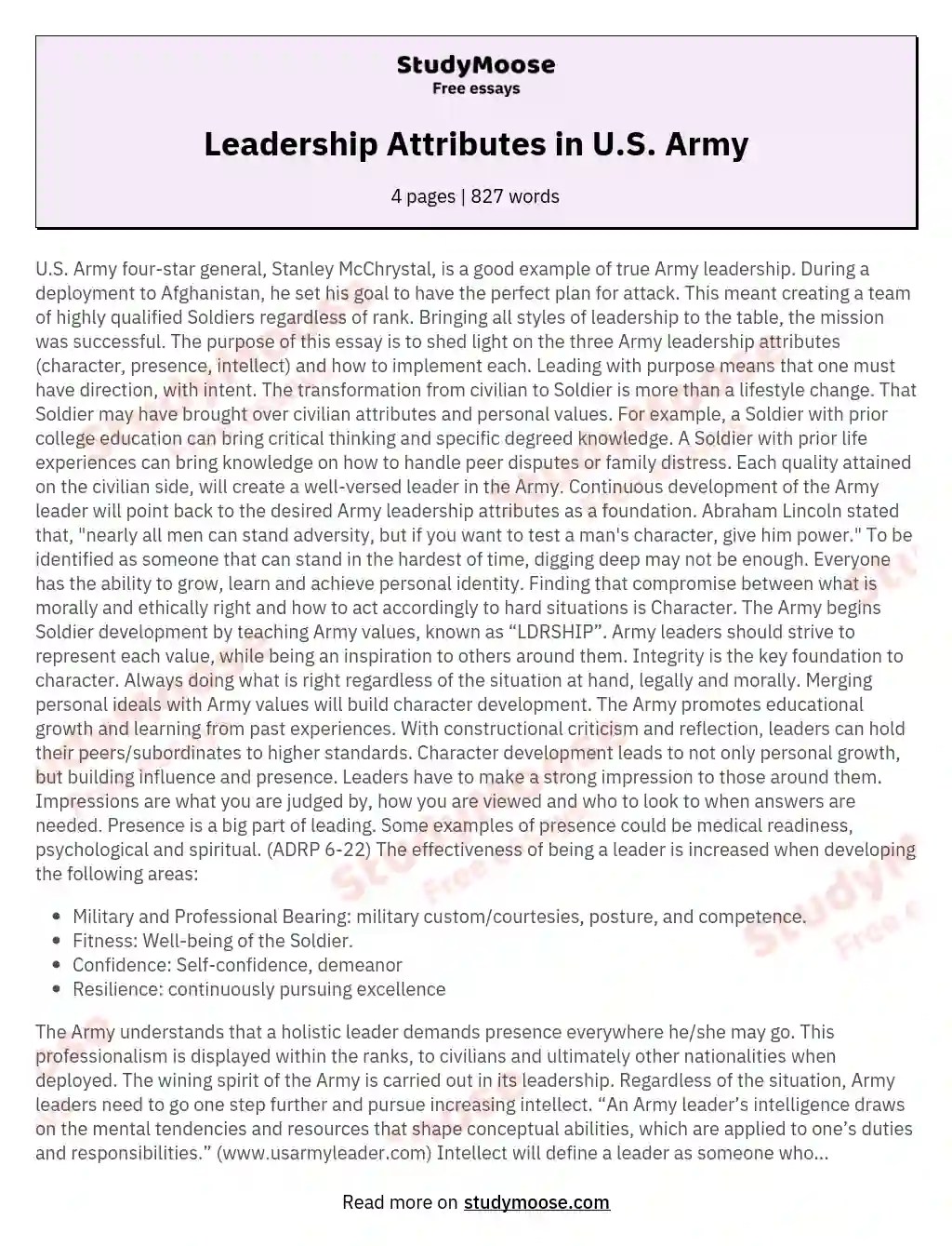 Leadership Attributes in U.S. Army Free Essay Example