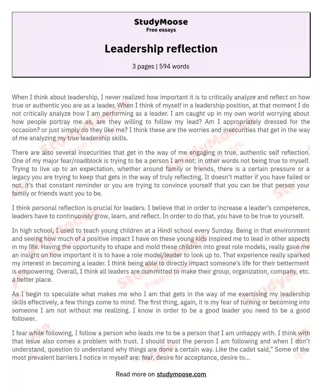Leadership reflection Free Essay Example