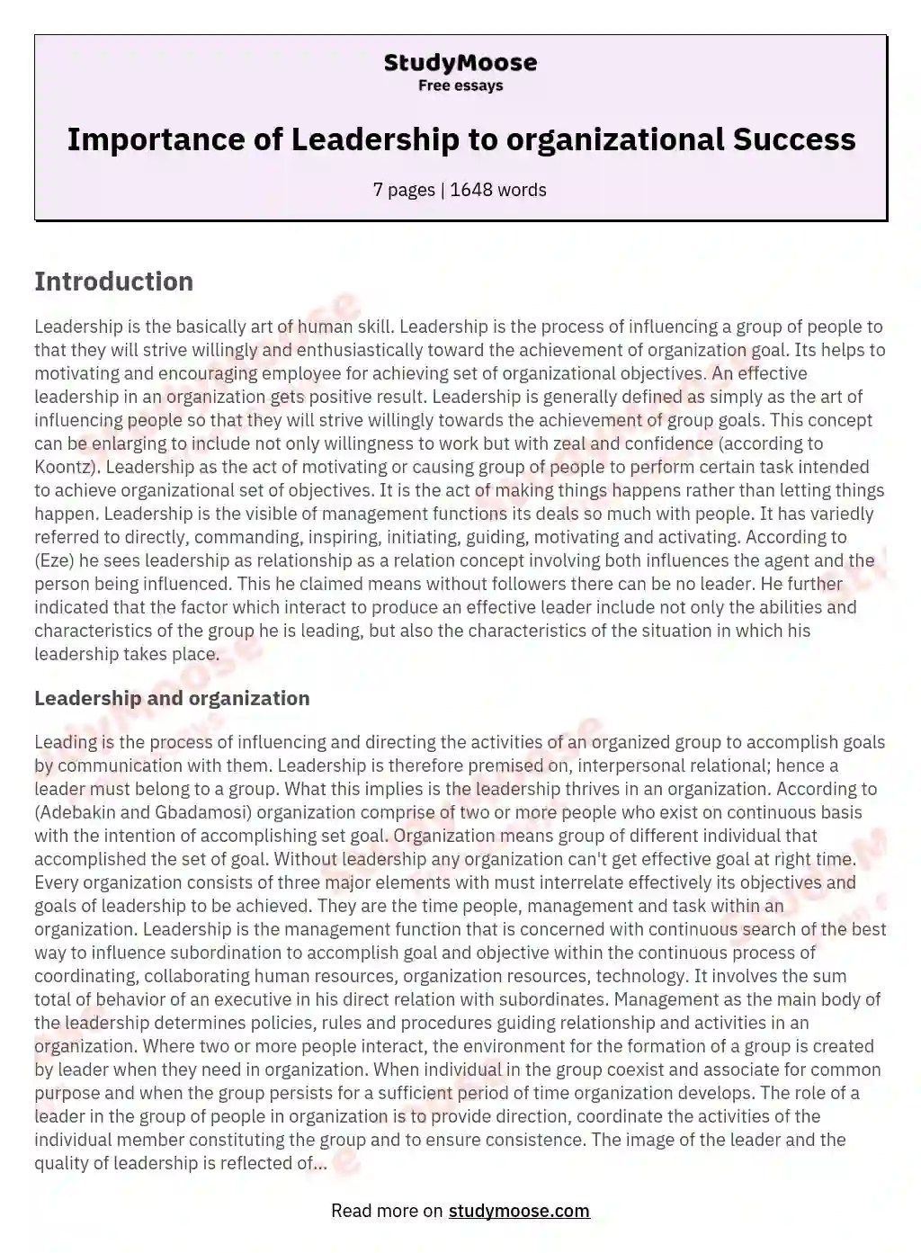 Importance of Leadership to organizational Success Free Essay Example