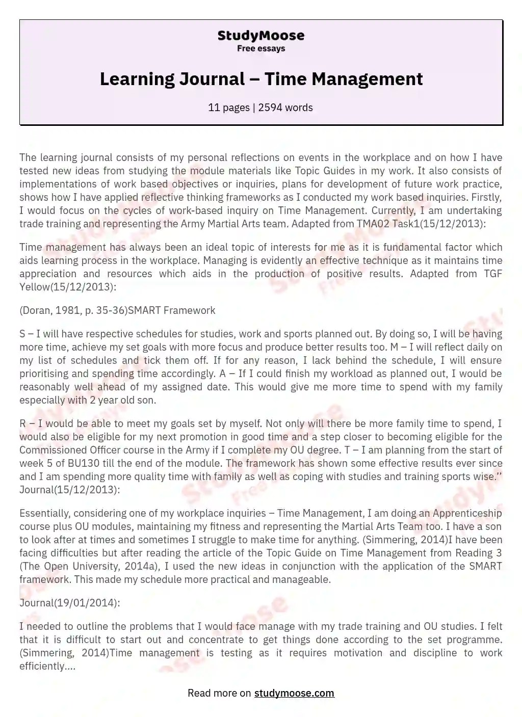 Learning Journal Time Management Free Essay Example