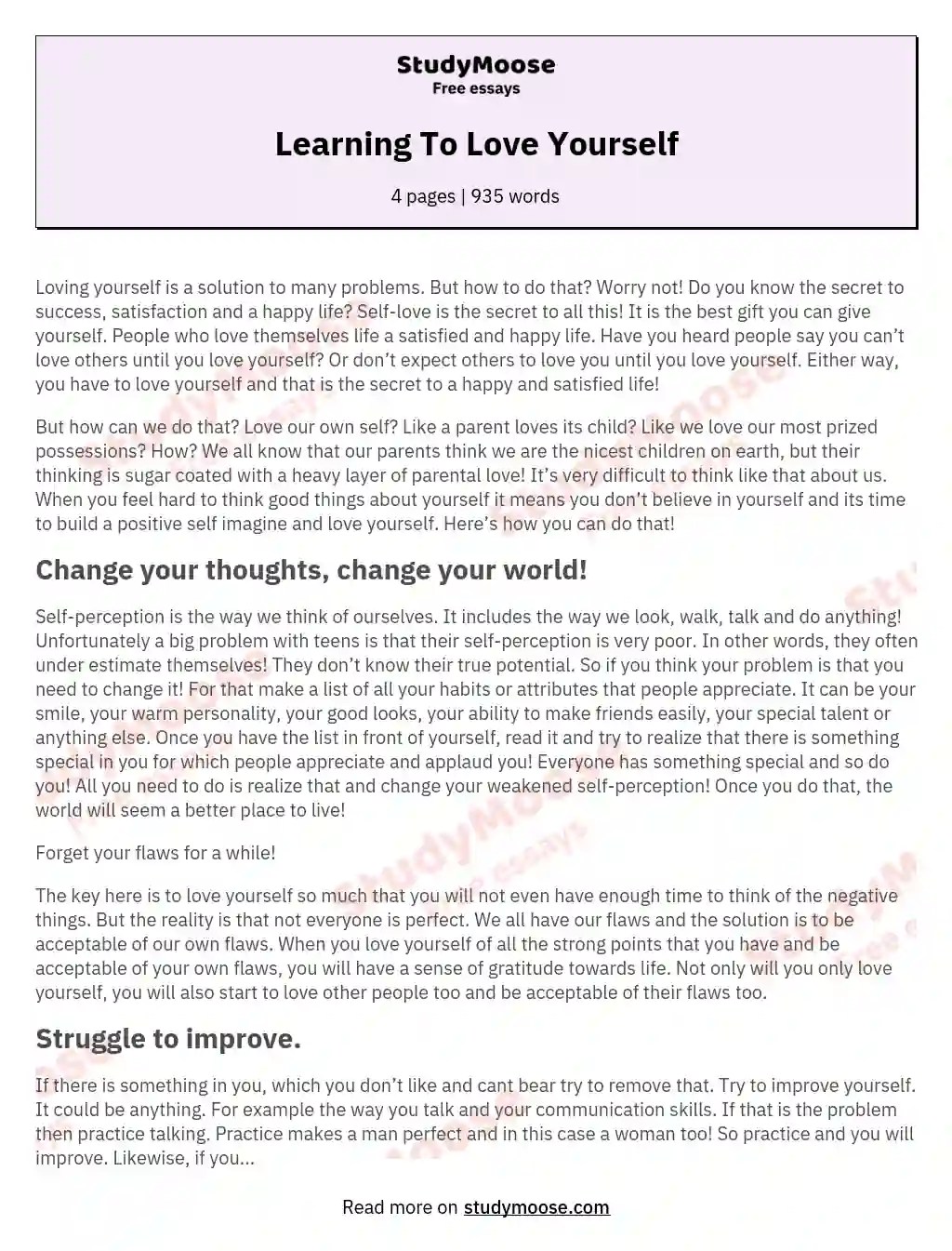 Learning To Love Yourself Free Essay Example