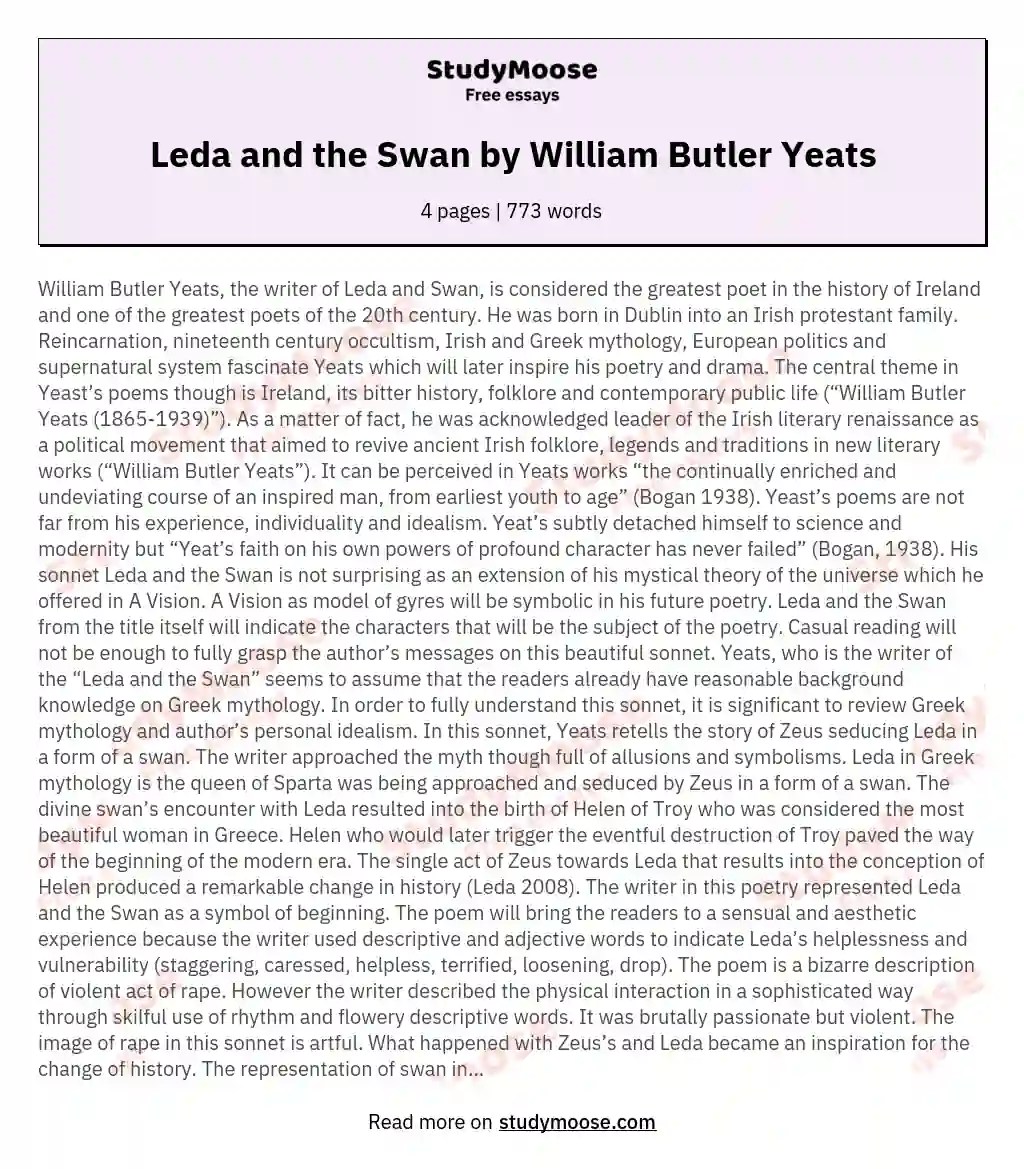 Leda and the Swan by William Butler Yeats Free Essay Example