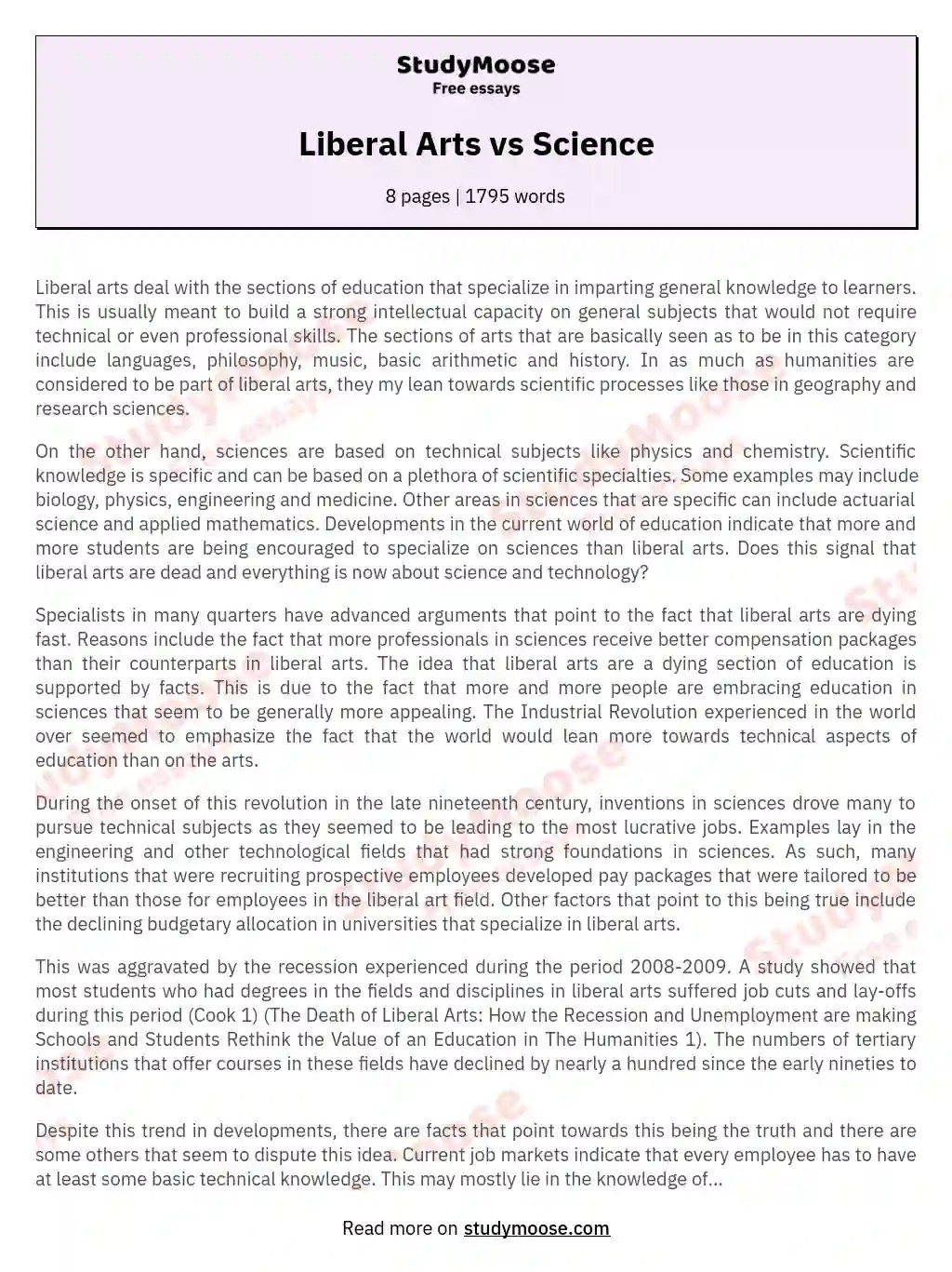 Liberal Arts vs Science Free Essay Example