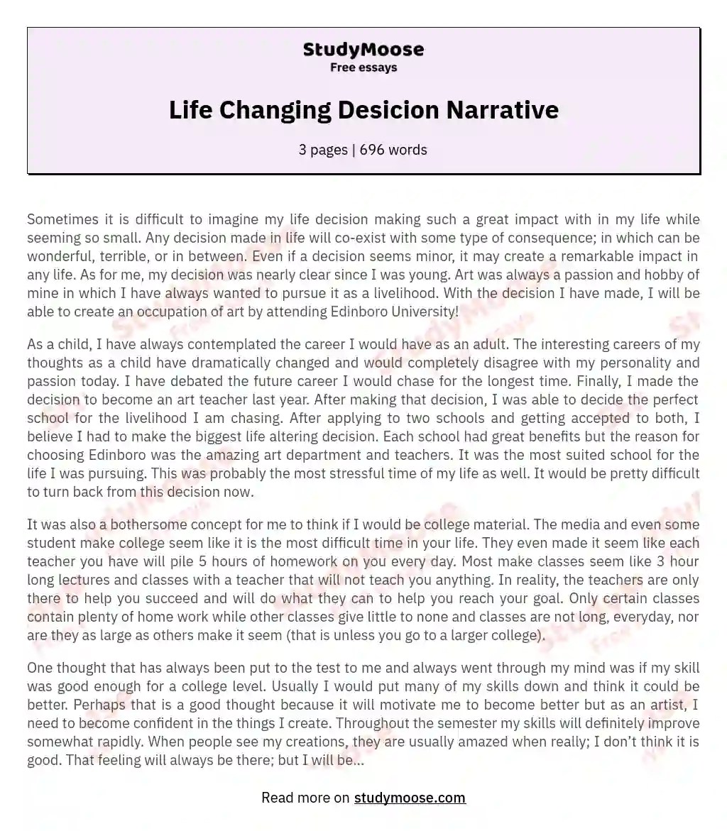 Life Changing Desicion Narrative Free Essay Example