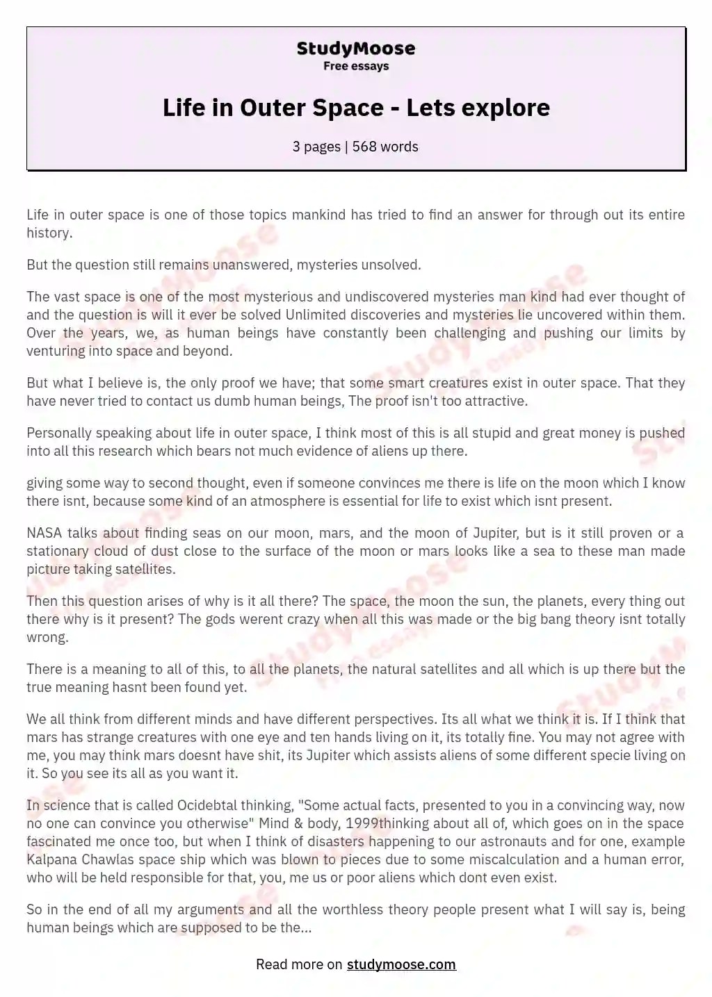 Life in Outer Space Lets explore Free Essay Example