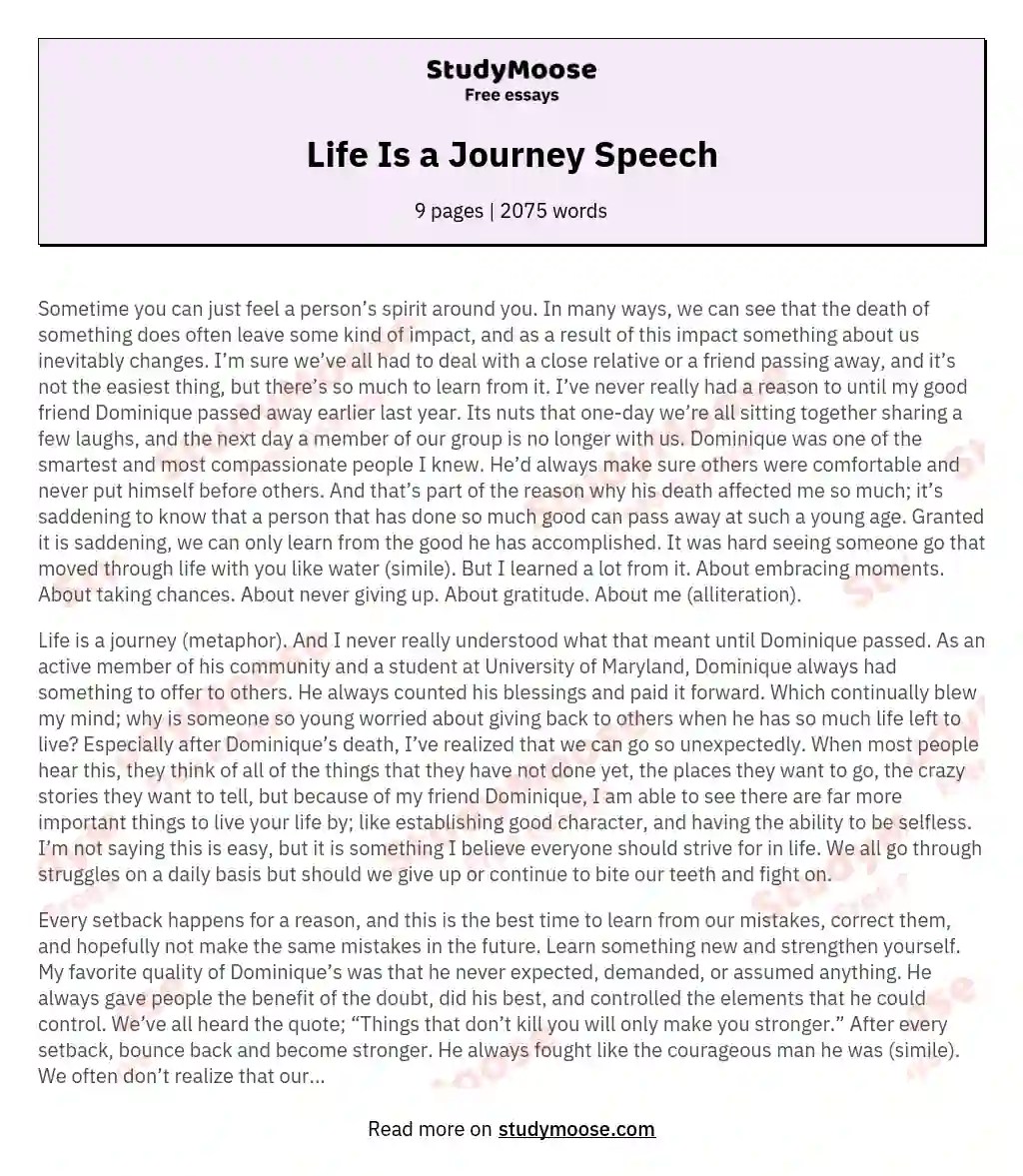 Life Is a Journey Speech Free Essay Example