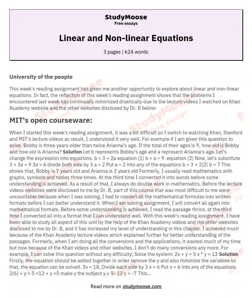 Linear and Equations Free Essay Example