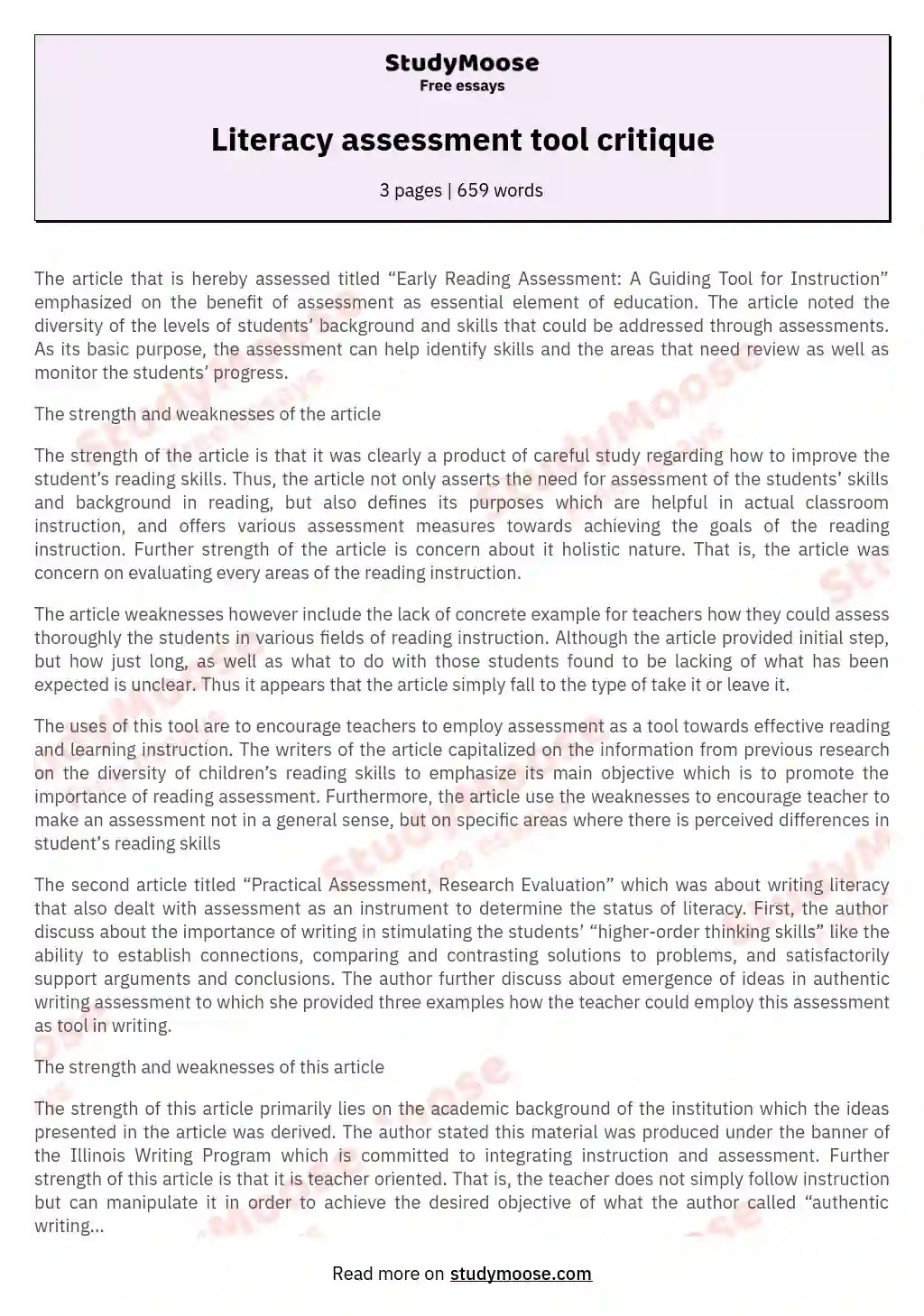 Literacy assessment tool critique Free Essay Example