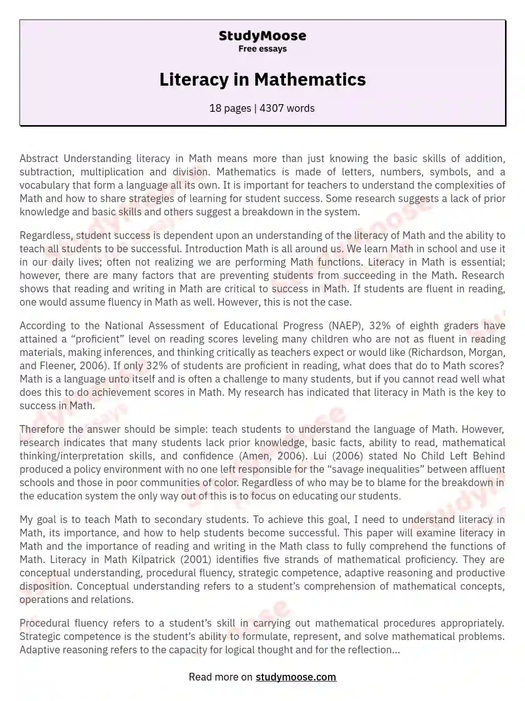 Literacy in Mathematics Free Essay Example