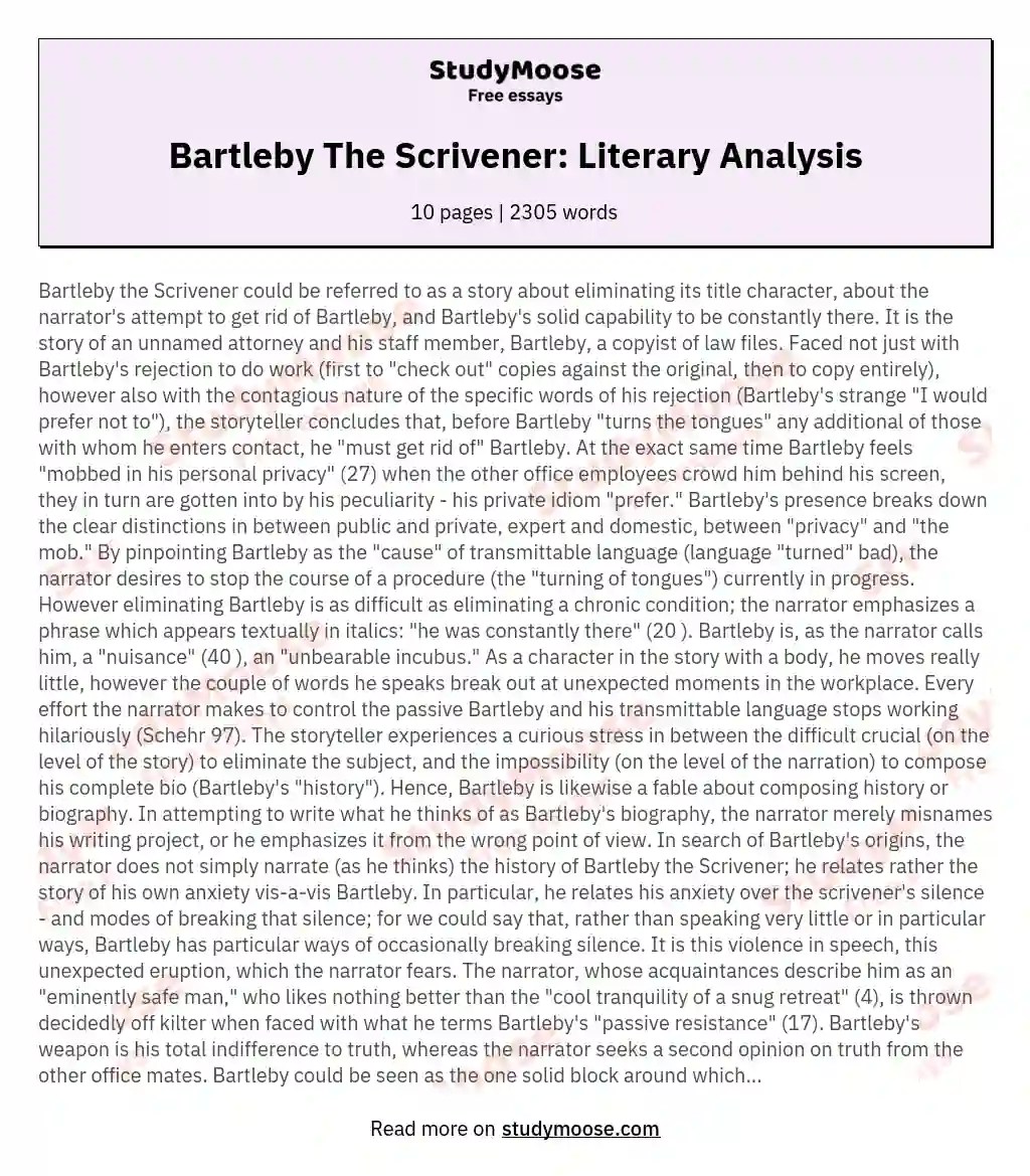 Bartleby The Scrivener Literary Analysis Research Paper Example