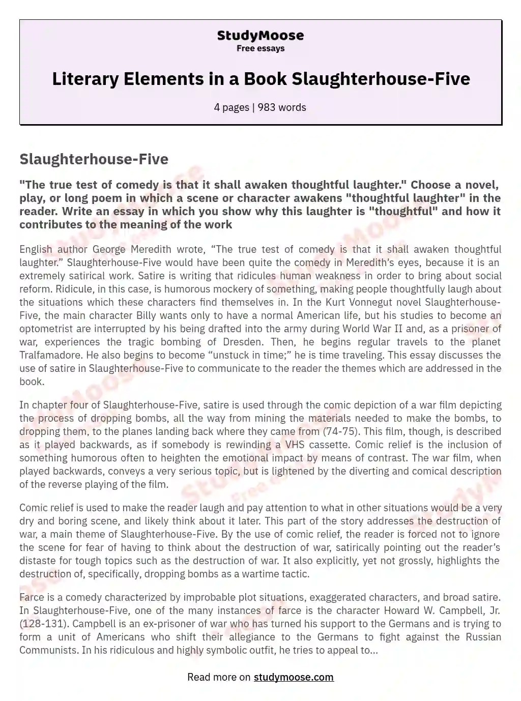 Satire and Thoughtful Laughter in "SlaughterhouseFive" Free Essay Example