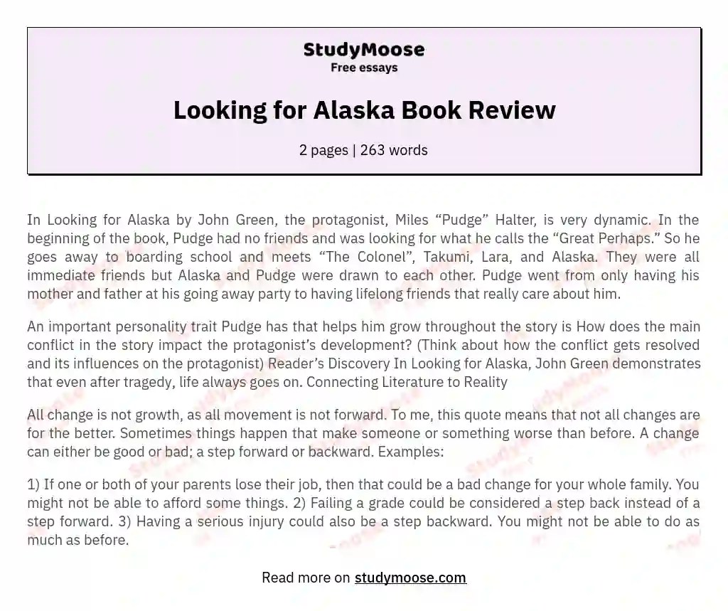 Looking for Alaska Book Review Free Essay Example