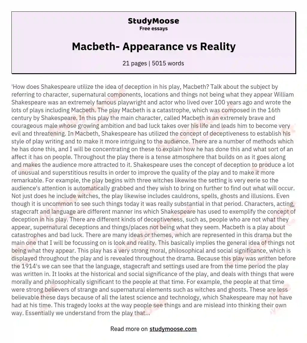 Macbeth Appearance vs Reality Free comparison essay example, compare and contrast paper