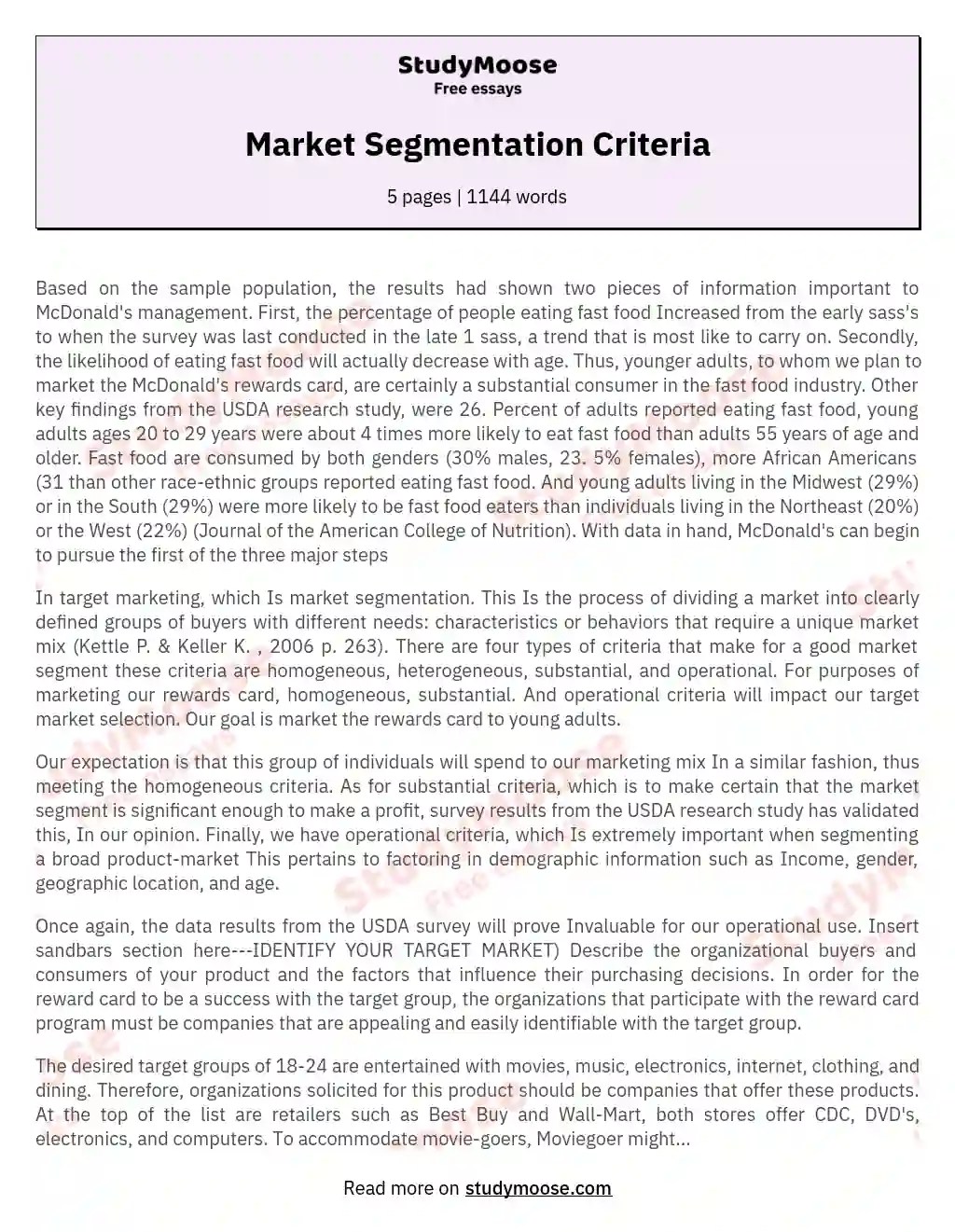 Market Segmentation Criteria Free Essay Example
