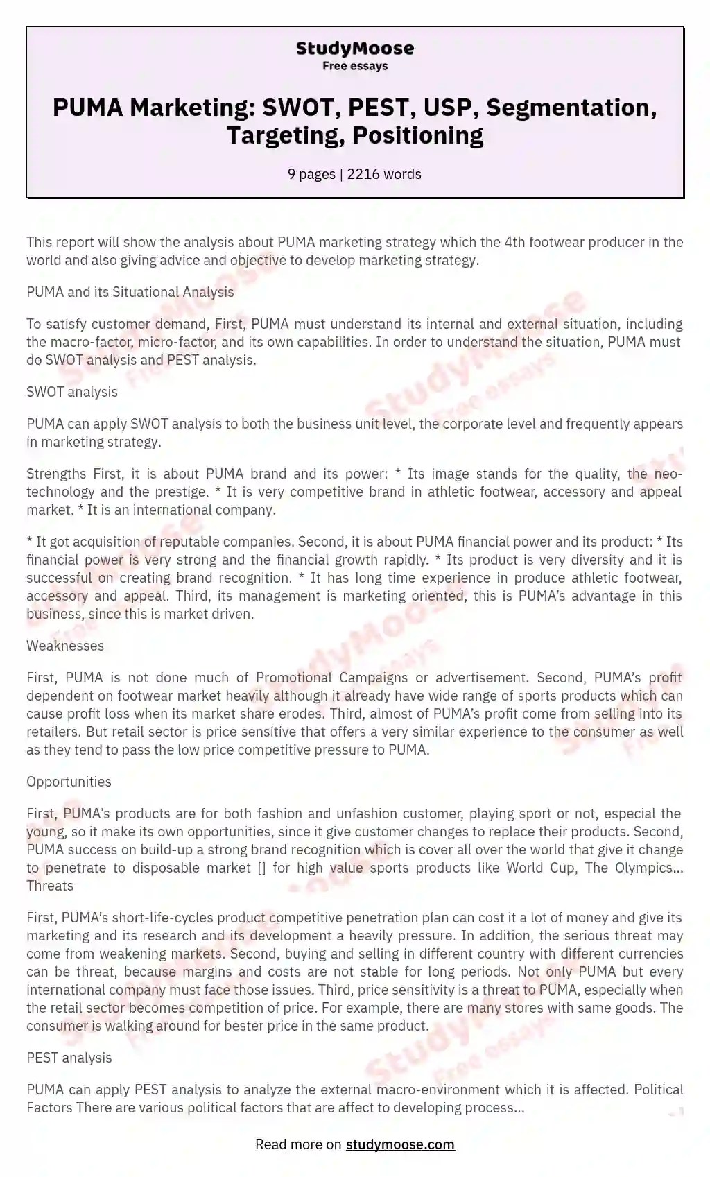 PUMA Marketing SWOT, PEST, USP, Segmentation, Targeting, Positioning