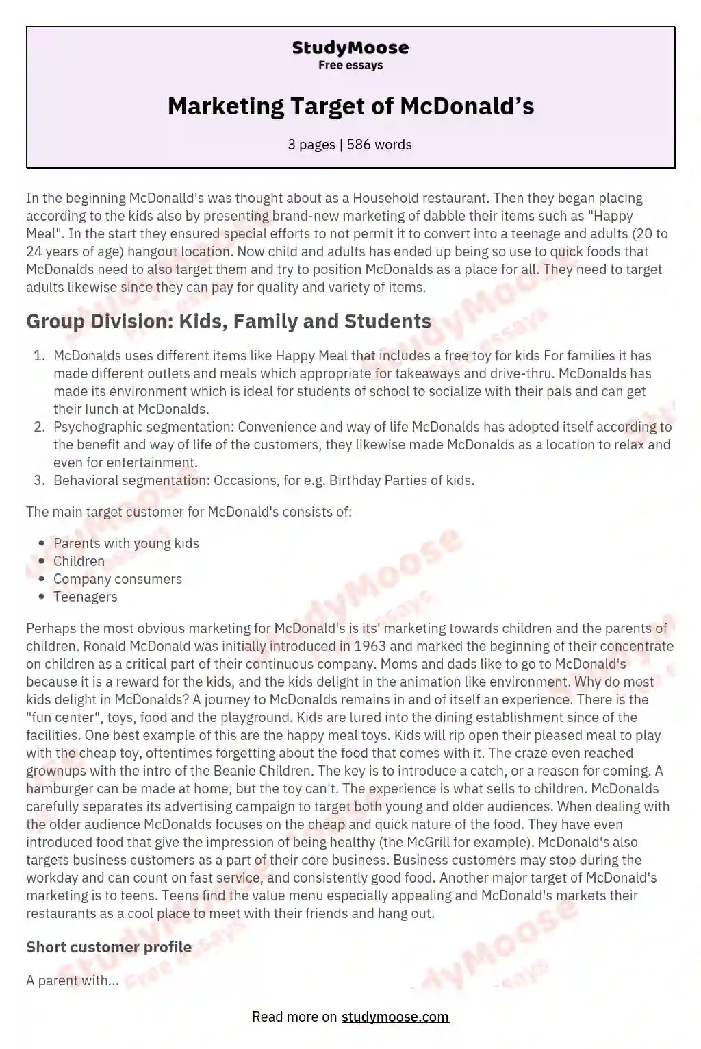 Marketing Target of McDonald’s Free Essay Example