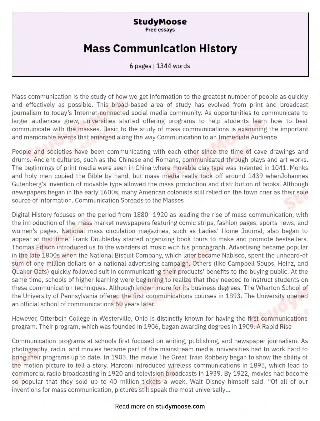 Mass Communication History Free Essay Example