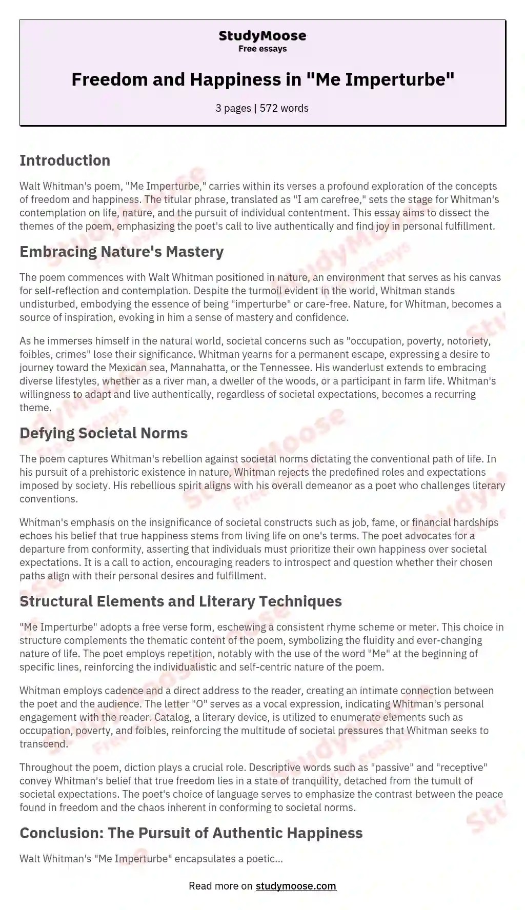 Freedom and Happiness in "Me Imperturbe" Free Essay Example