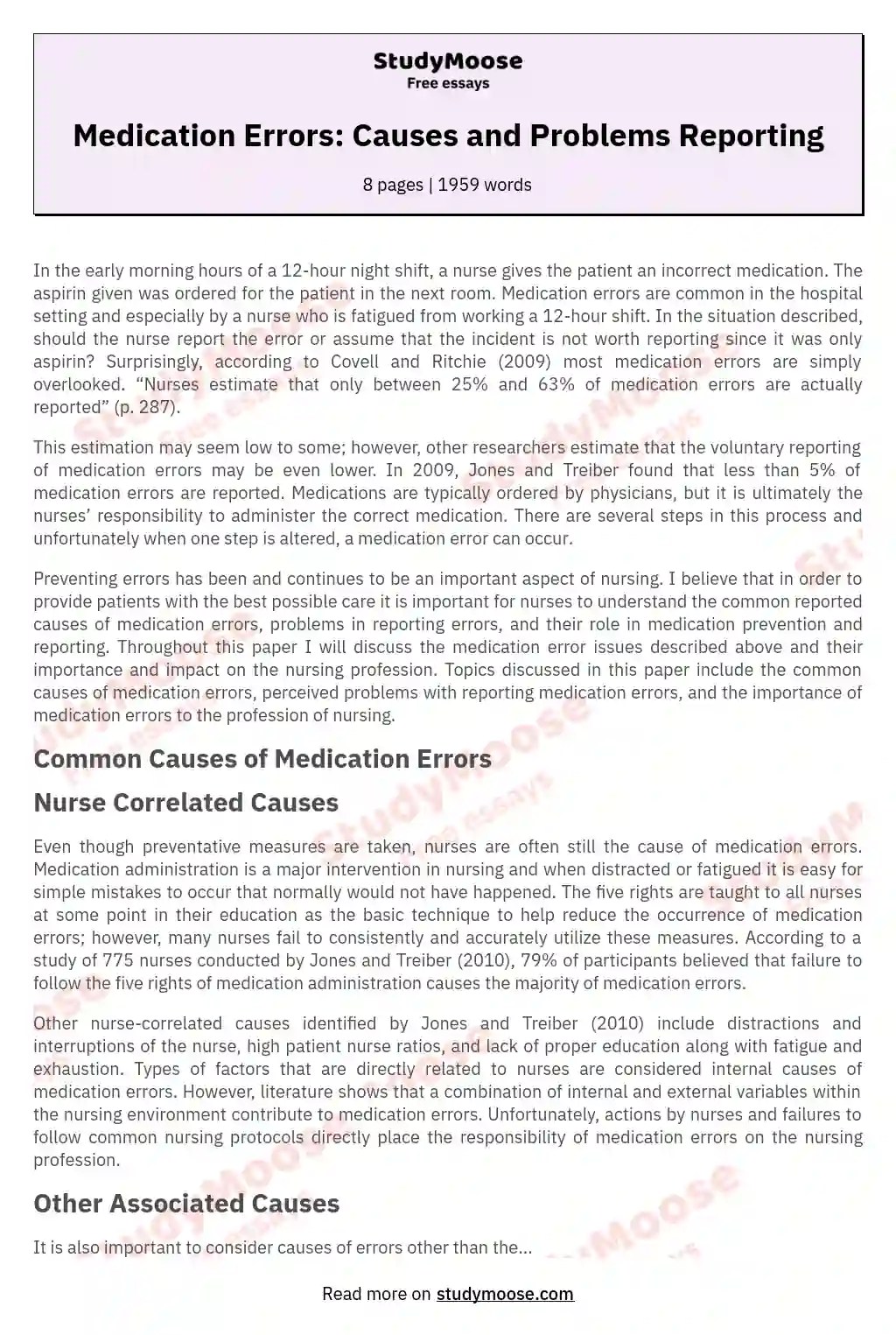 Medication Errors Causes and Problems Reporting Free Essay Example
