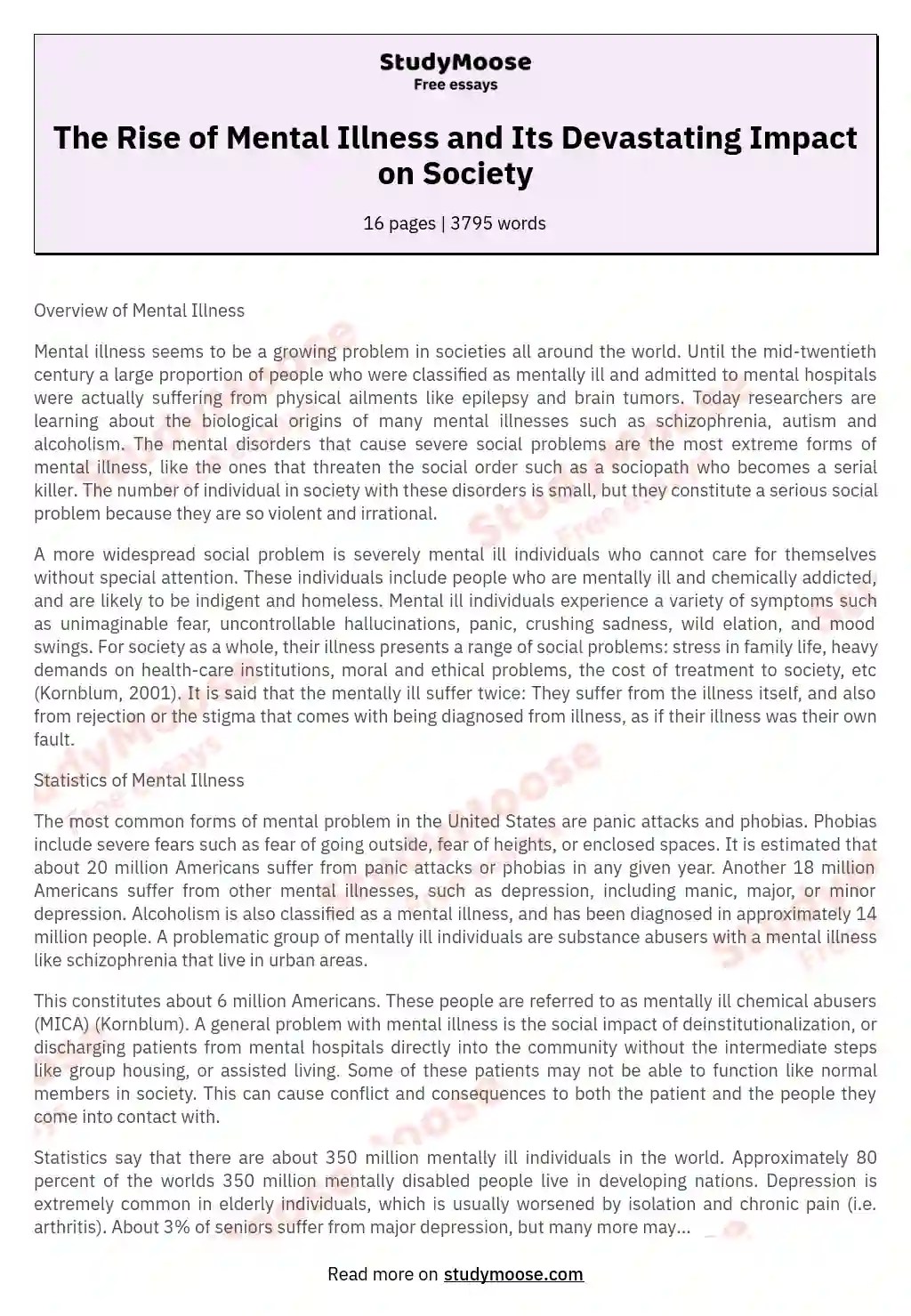 The Rise of Mental Illness and Its Devastating Impact on Society Free