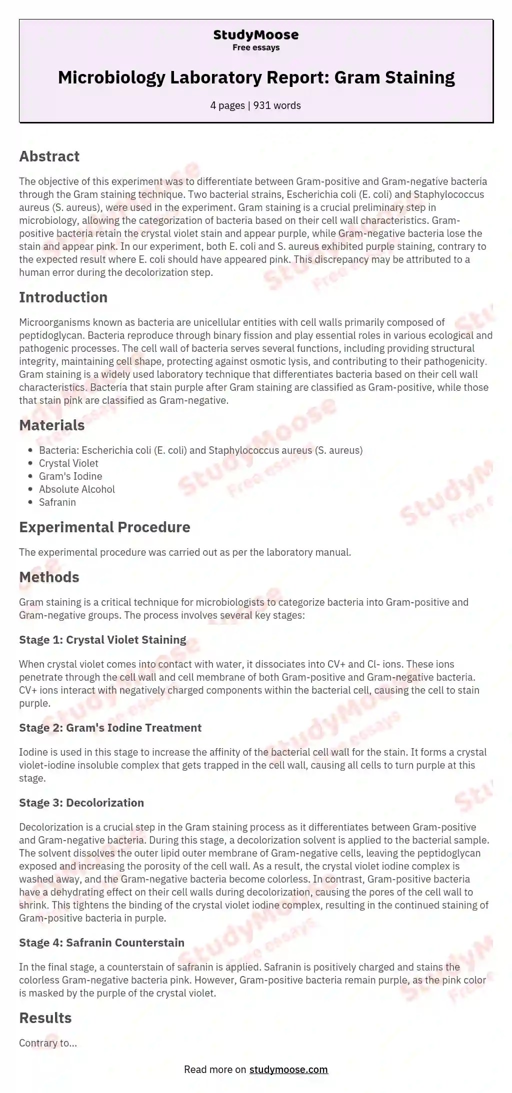 Microbiology Laboratory Report Gram Staining StudyMoose